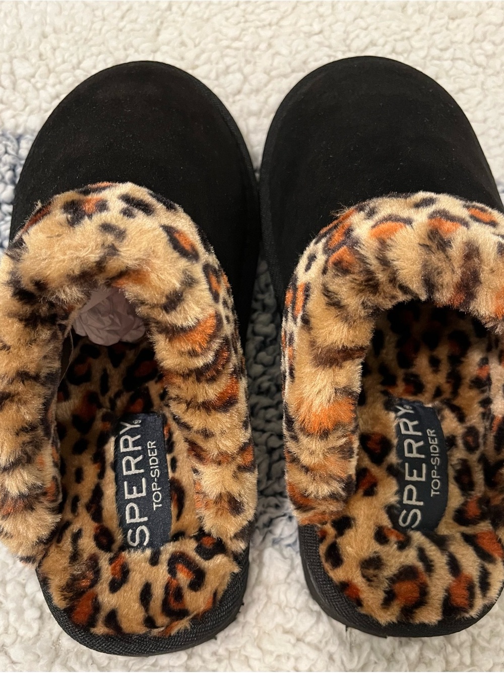 Sperry Black Slip-On Slippers with Leopard Faux-Fur Lining